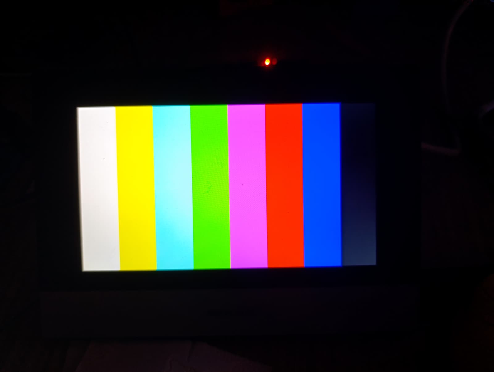Eight-bar colour test pattern written directly to the framebuffer, showing accurate colour reproduction with no tearing