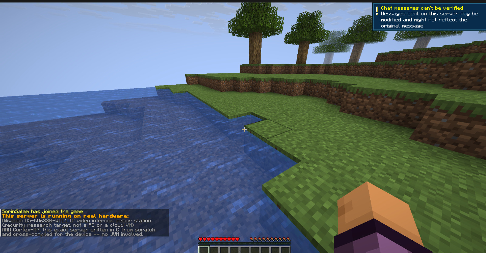 Minecraft Java client join message confirming the server is running on the Hikvision intercom, not a PC or cloud VM