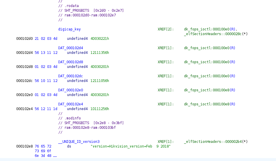 Ghidra listing of digicap_key in .rodata with dk_fops_ioctl XREFs
